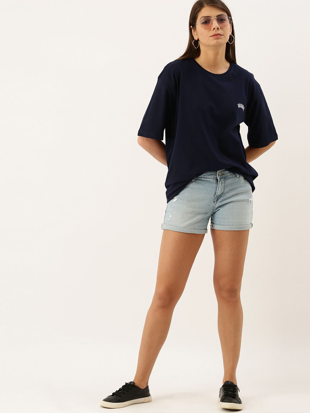 DILLINGER Women Navy Blue Oversized Cotton Pure Cotton T-shirt with Printed Detail