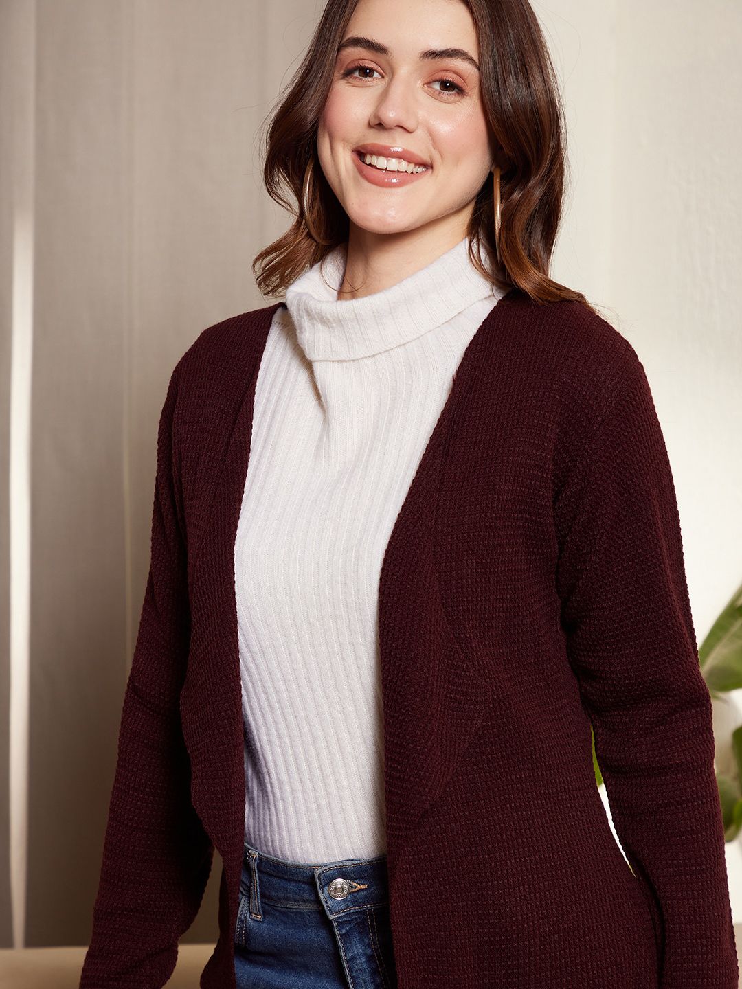 Berrylush Maroon Ribbed Longline Front Open Sweater