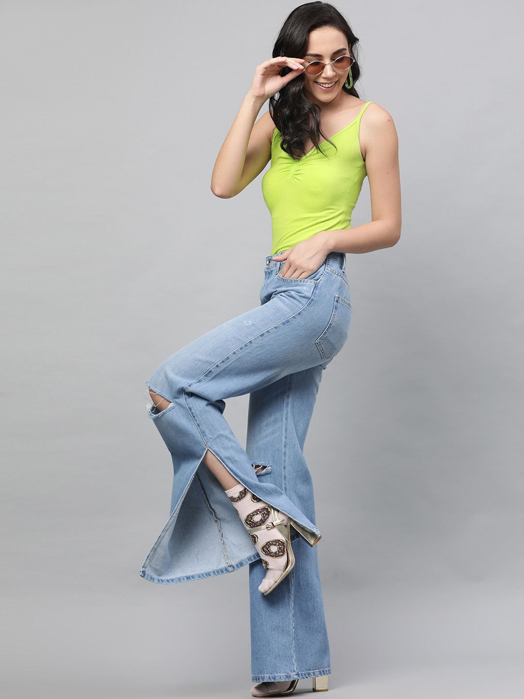 STREET 9 Women Blue Flared Mid-Rise Slash Knee Stretchable Jeans