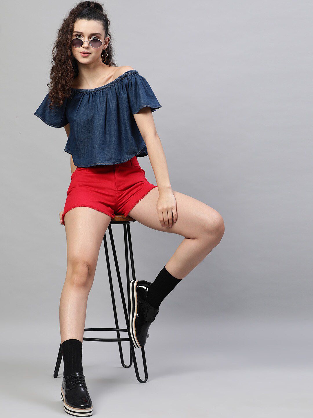 STREET 9 Navy Blue Pure Cotton Solid Denim Bardot Crop Top