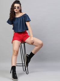 STREET 9 Navy Blue Pure Cotton Solid Denim Bardot Crop Top