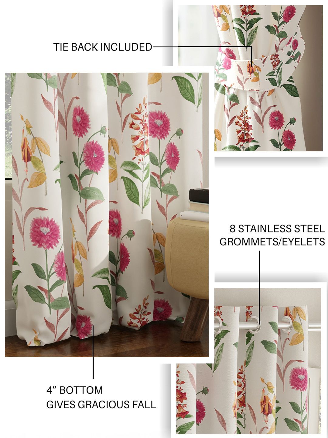 URBAN SPACE Pack of 2 White & Pink Floral Printed Room Darkening Door Curtain