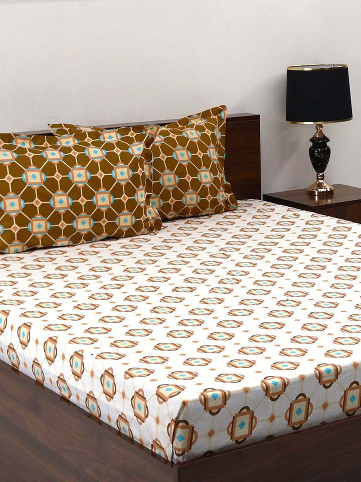 BOMBAY DYEING Aster Brown Geometric 100 TC Cotton Queen Bedsheet Set-2.24 m X 2.44 m