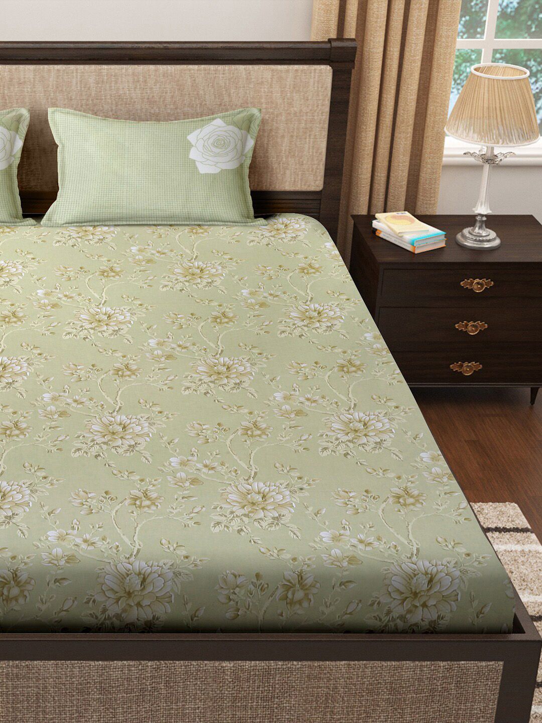 KLOTTHE Printed 400 TC Pure Cotton Fitted Super King Double Bedsheet & 2 Pillow Covers