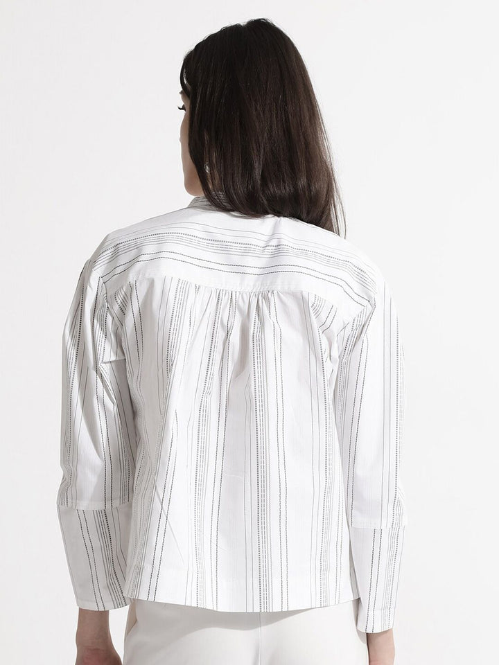 RAREISM Striped Mandarin Collar Cotton Boxy Top