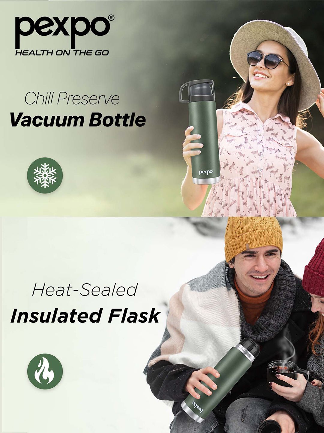 Pexpo Fererro Military Green Thermosteel ISI Certified Hot Flask Water Bottle & Bag 1000ml