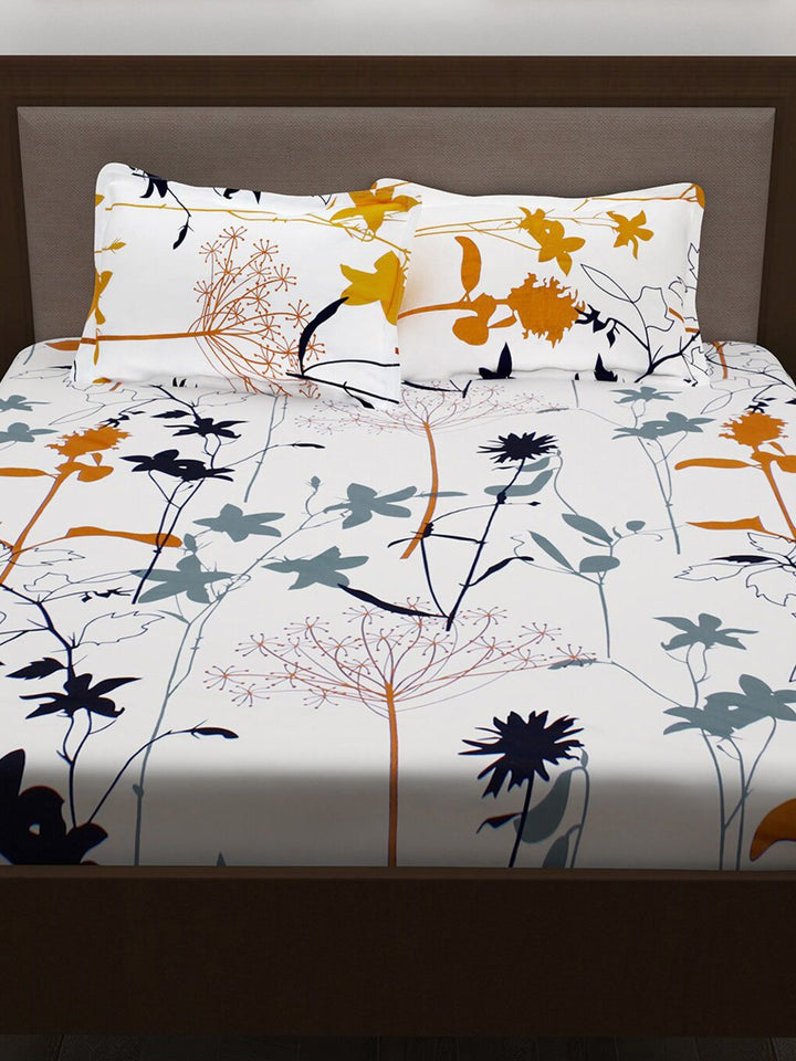 Story@home White & Mustard Floral 186 TC Pure Cotton King Bedsheet With 2 Pillow Covers