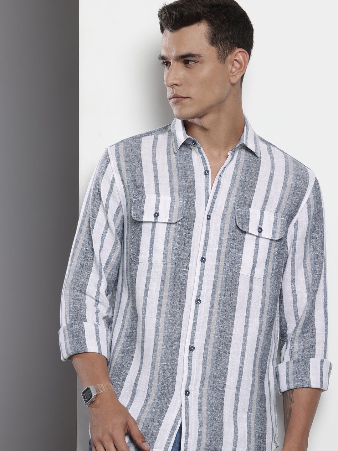 The Indian Garage Co Men Slim Fit Striped Double Flap Casual Shirt