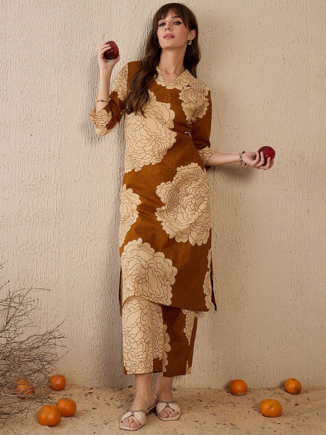 Indo Era Women Floral Printed Regular Pure Cotton Kurta with Trousers
