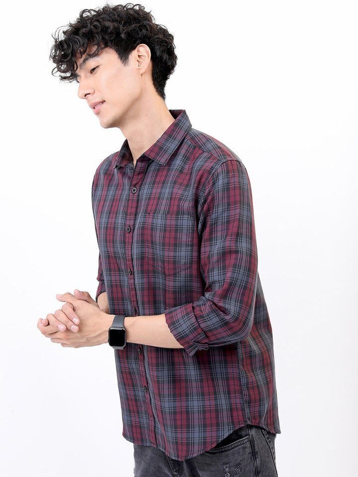 HIGHLANDER Men Maroon Slim Fit Tartan Checked Casual Shirt