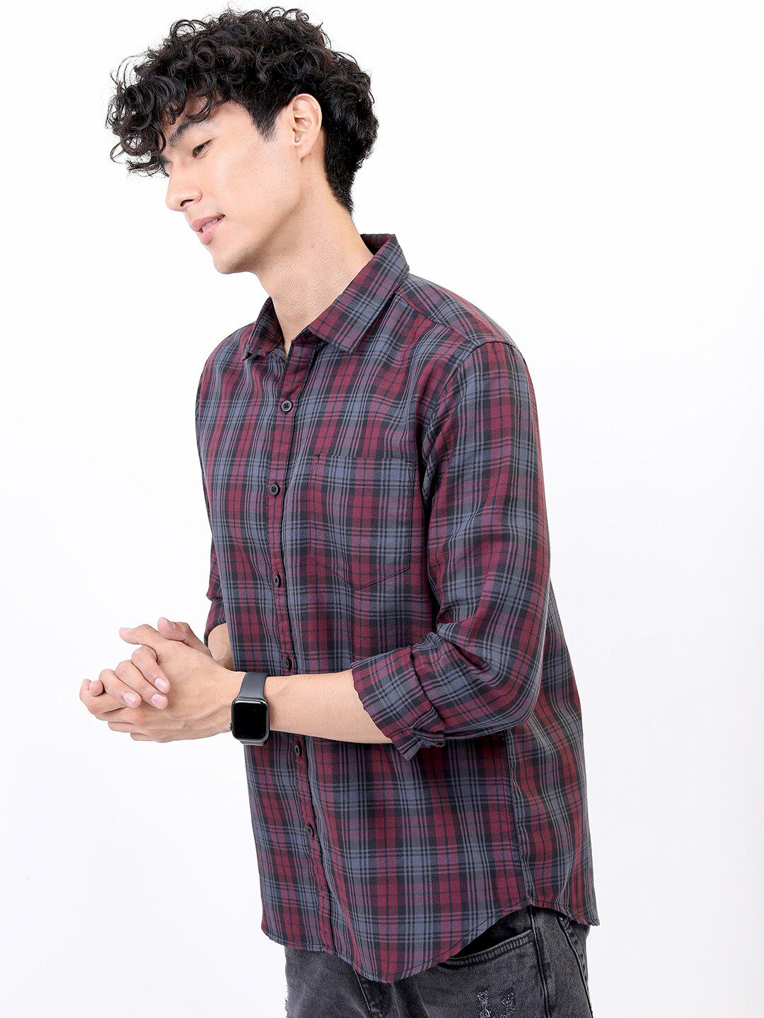 HIGHLANDER Men Maroon Slim Fit Tartan Checked Casual Shirt