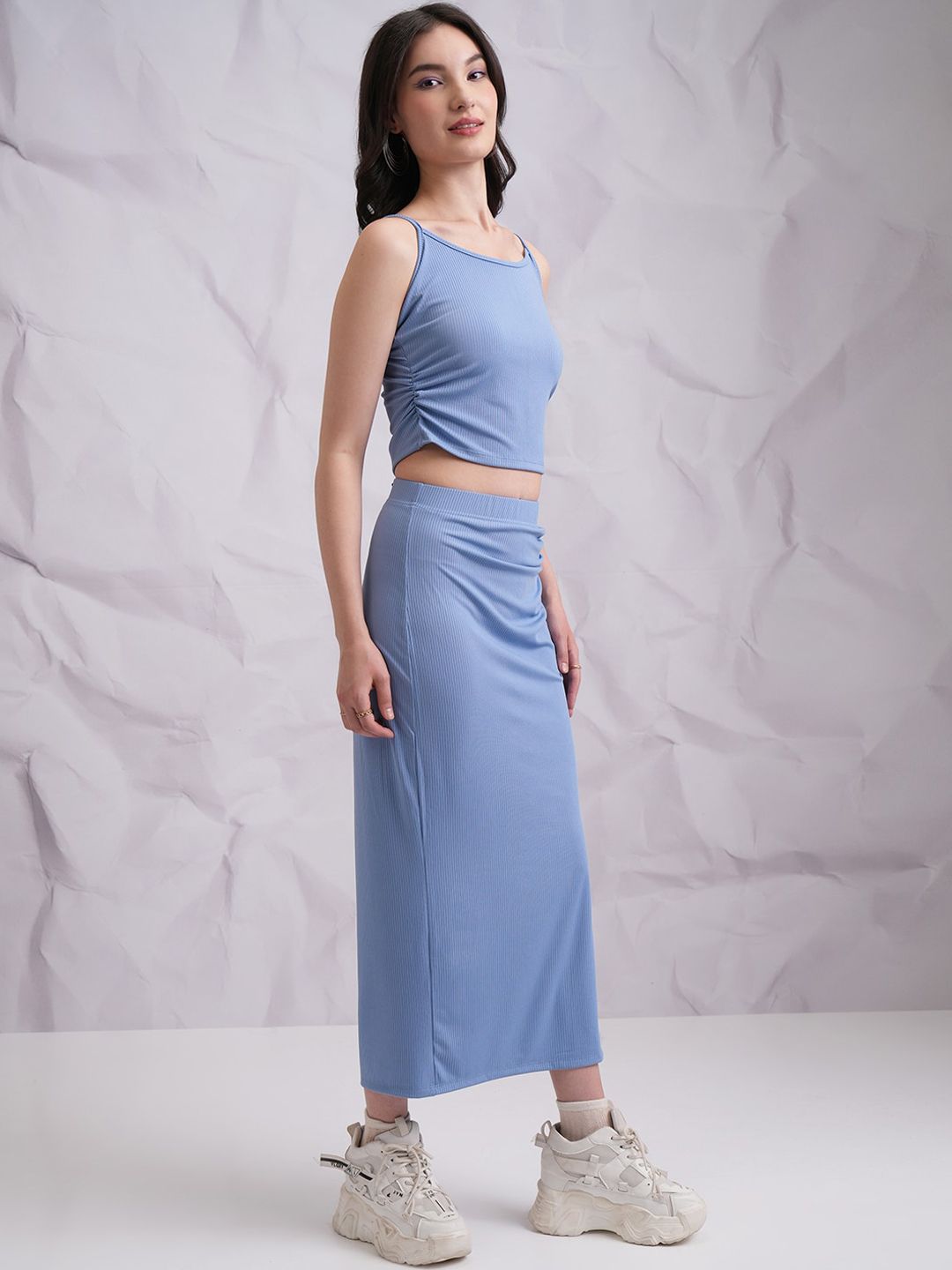 Tokyo Talkies Blue Ribbed Shoulder Straps Top With Flared Split Skirt