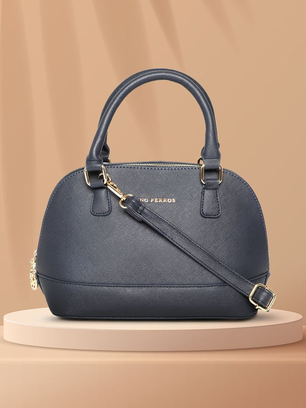 Lino Perros Navy Blue Solid Handheld Bag with Detachable Sling Strap