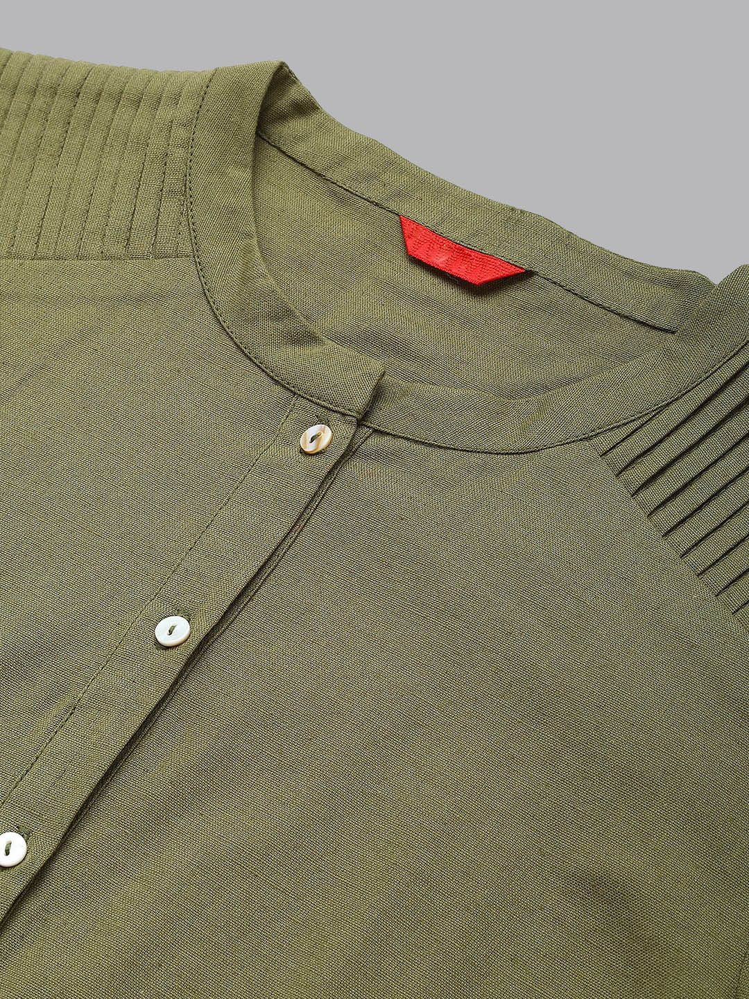 W Green Mandarin Collar Cotton A-line Kurta
