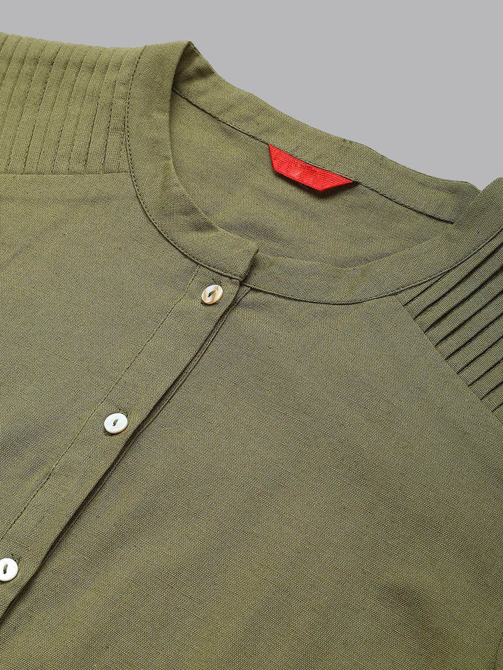 W Green Mandarin Collar Cotton A-line Kurta