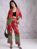 Tokyo Talkies Blazer Leher Kolar Lapel Bercetak Merah & Seluar Lurus