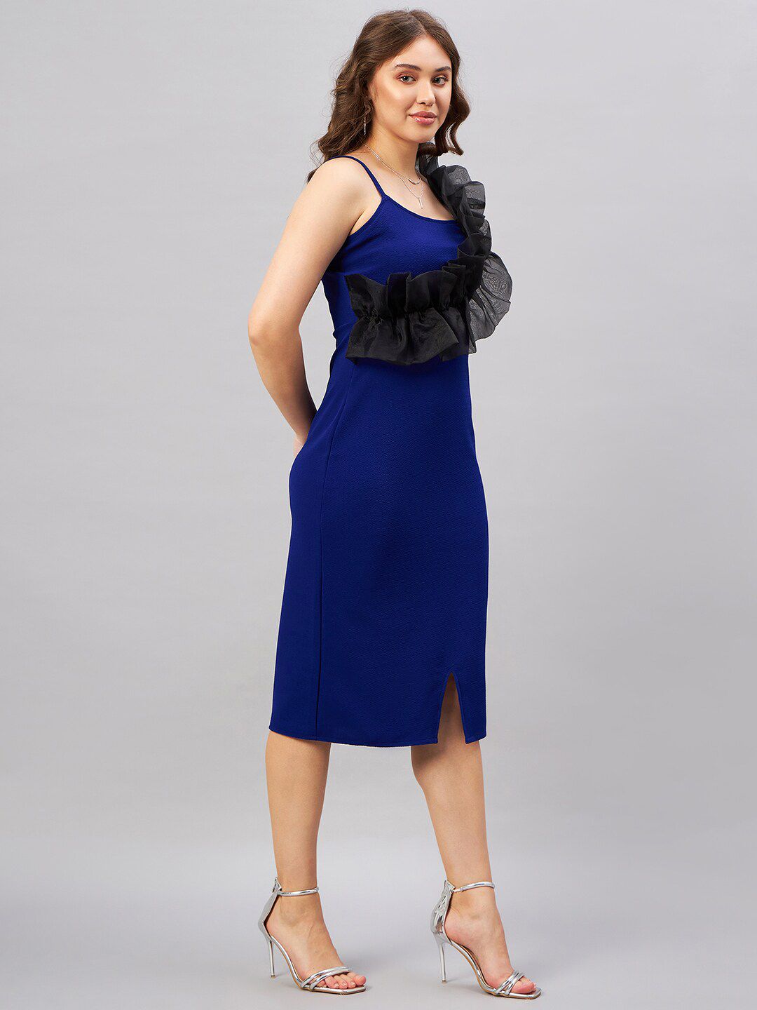 Antheaa Blue & Black Shoulder Strap Sleeveless Ruffled Sheath Midi Dress