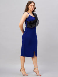 Antheaa Blue & Black Shoulder Strap Sleeveless Ruffled Sheath Midi Dress