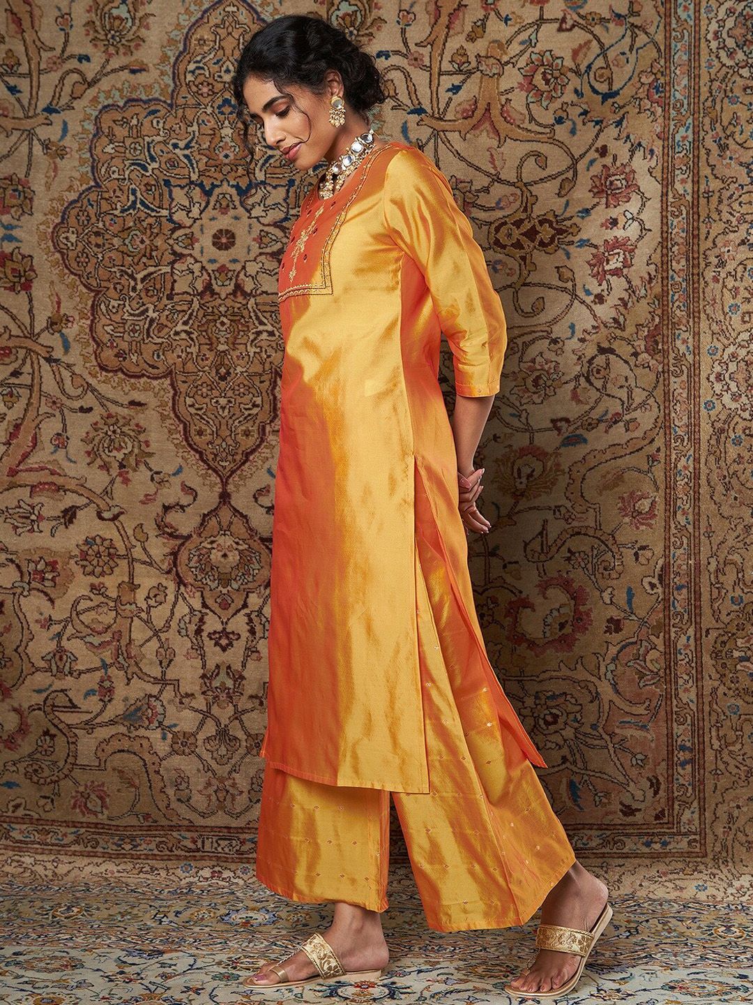 Shae by SASSAFRAS Women Mustard Yellow Ethnic Motifs Embroidered Thread Work Kurta with Palazzos