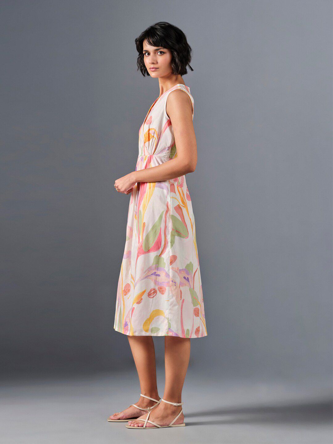 AND Floral Printed V-Neck Gathered Cotton A-Line Dress