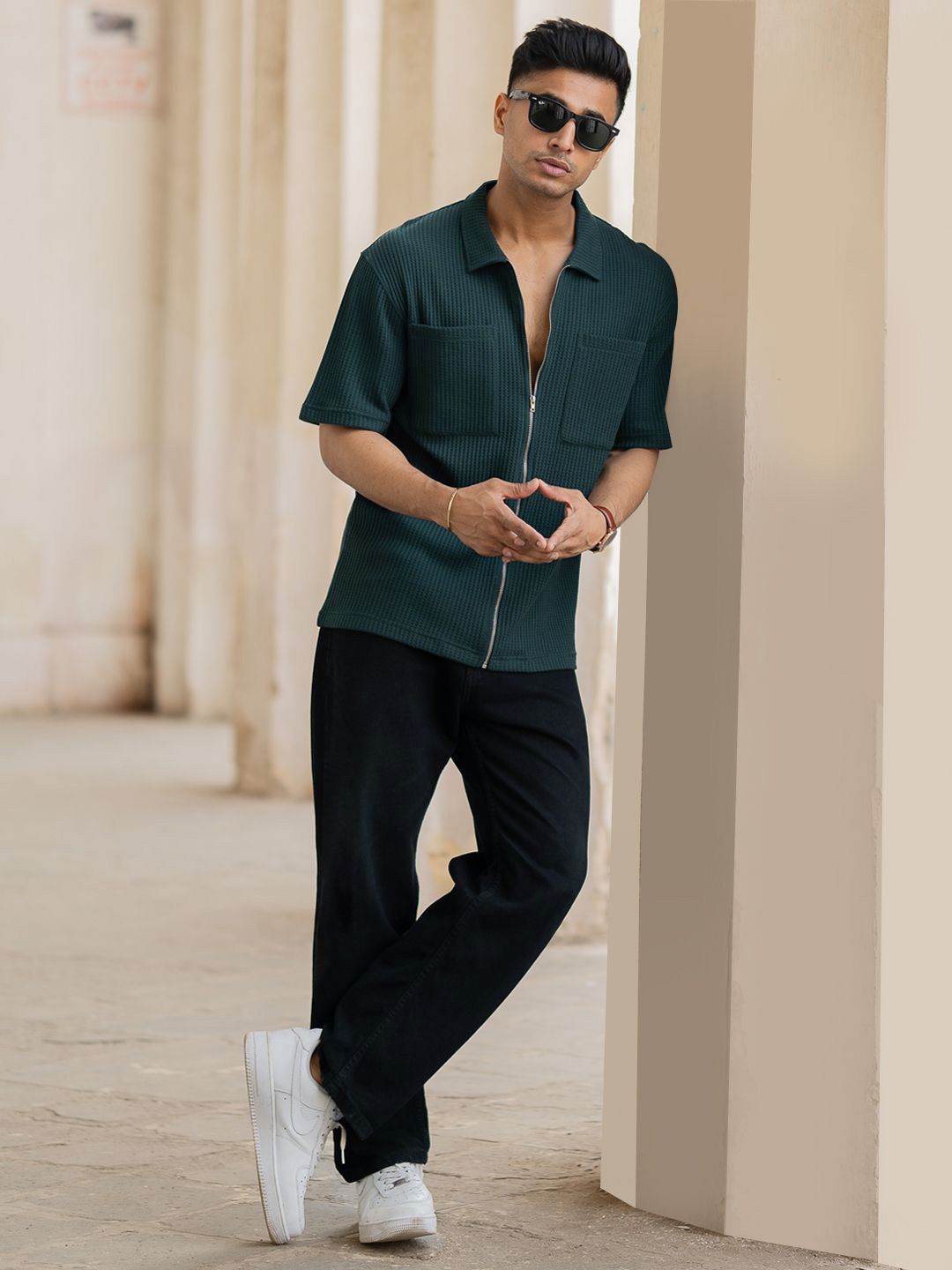Powerlook Men Oversized Fit Spread Collar Textured Cotton Casual Shirt
