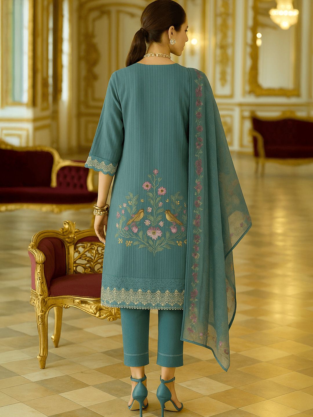 Varanga Floral Embroidered V-Neck Thread Work Pure Cotton Kurta With Trousers And Dupatta