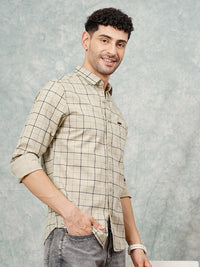 The Indian Garage Co Men Beige & Navy Blue Slim Fit Checked Casual Shirt