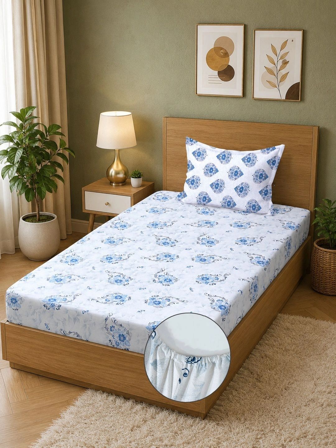 Moda Rapido X KLOTTHE Blue & White Floral 400 TC Single Bedsheet with 1 Pillow Covers