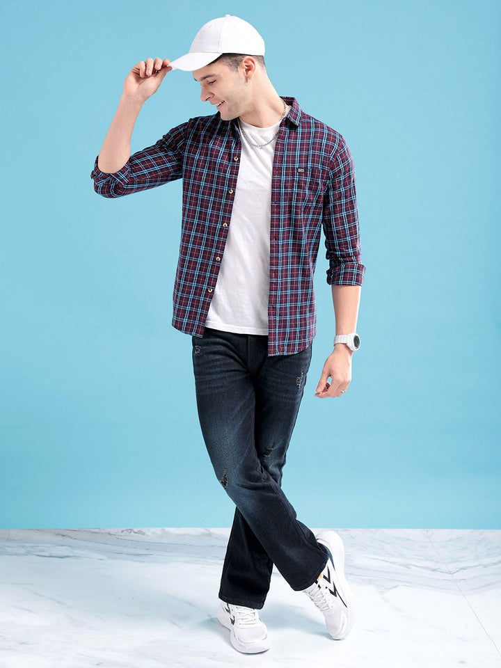 The Indian Garage Co Men Maroon & Blue Regular Fit Checked Casual Shirt