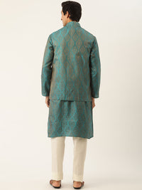 SOJANYA Men Teal Blue & Off-White Woven Design Kurta with Pyjamas & Nehru Jacket
