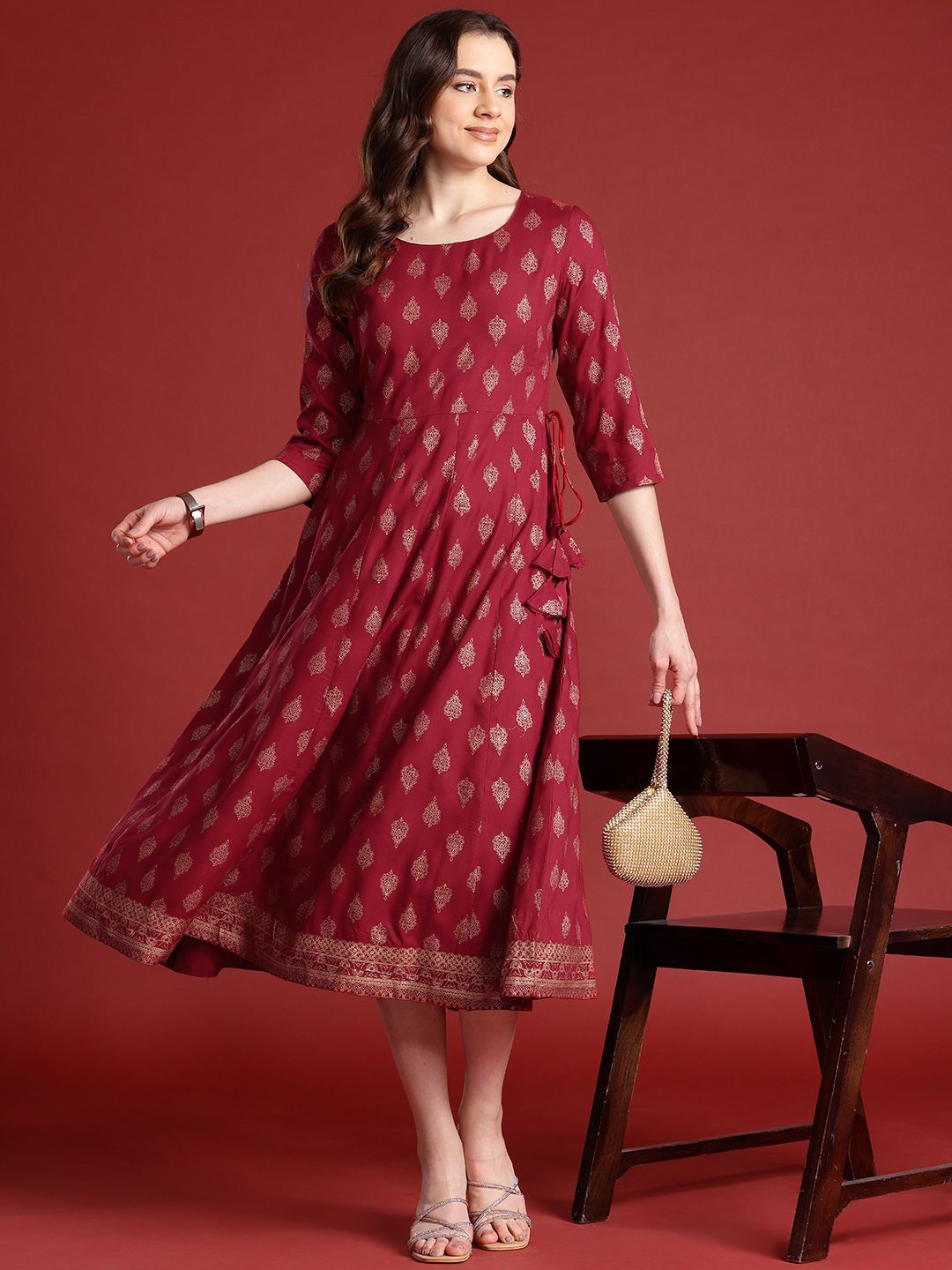 Anouk Tie-Up Tassels Detail Foil Print A-Line Midi Ethnic Dress