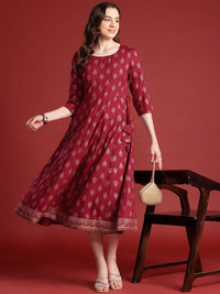 Anouk Tie-Up Tassels Detail Foil Print A-Line Midi Ethnic Dress