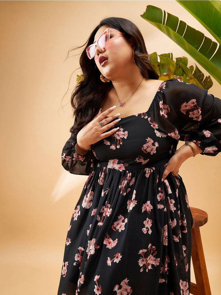 SASSAFRAS Curve Plus Size Black Floral Printed Puff Sleeves Smocked Fit & Flare Dress