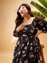 SASSAFRAS Curve Plus Size Black Floral Printed Puff Sleeves Smocked Fit & Flare Dress