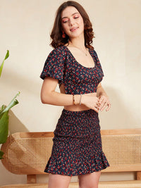 Berrylush Navy Blue & Red Floral Printed Crop Top with Skirt