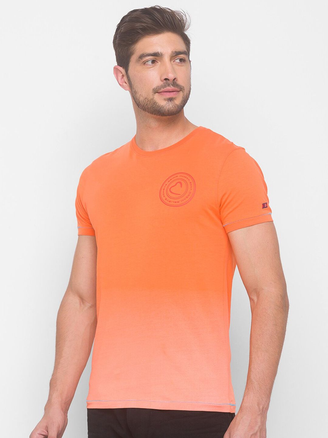 Being Human Men Orange Pure Cotton Brand Logo Printed Monochrome Regular Fit T-shirt