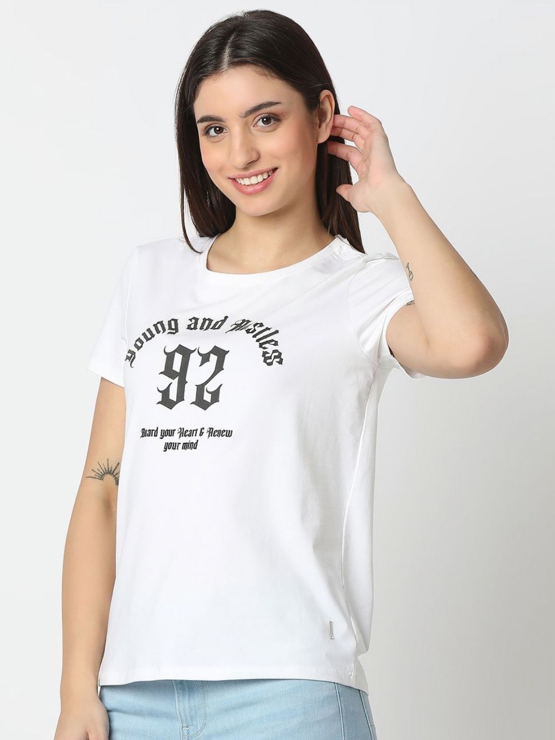 SPYKAR Women Typography Printed Round Neck Cotton T-shirt
