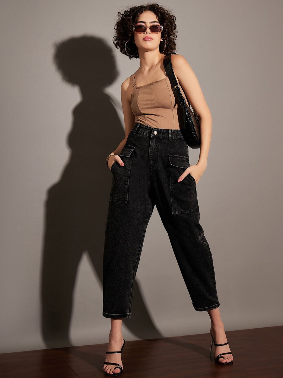 SASSAFRAS Black High-Rise Acid Wash Cropped Clean Look Stretchable Jeans