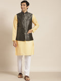 SOJANYA Men Yellow Ethnic Motifs Chikankari Pure Cotton Kurta with Churidar & Nehru Jacket