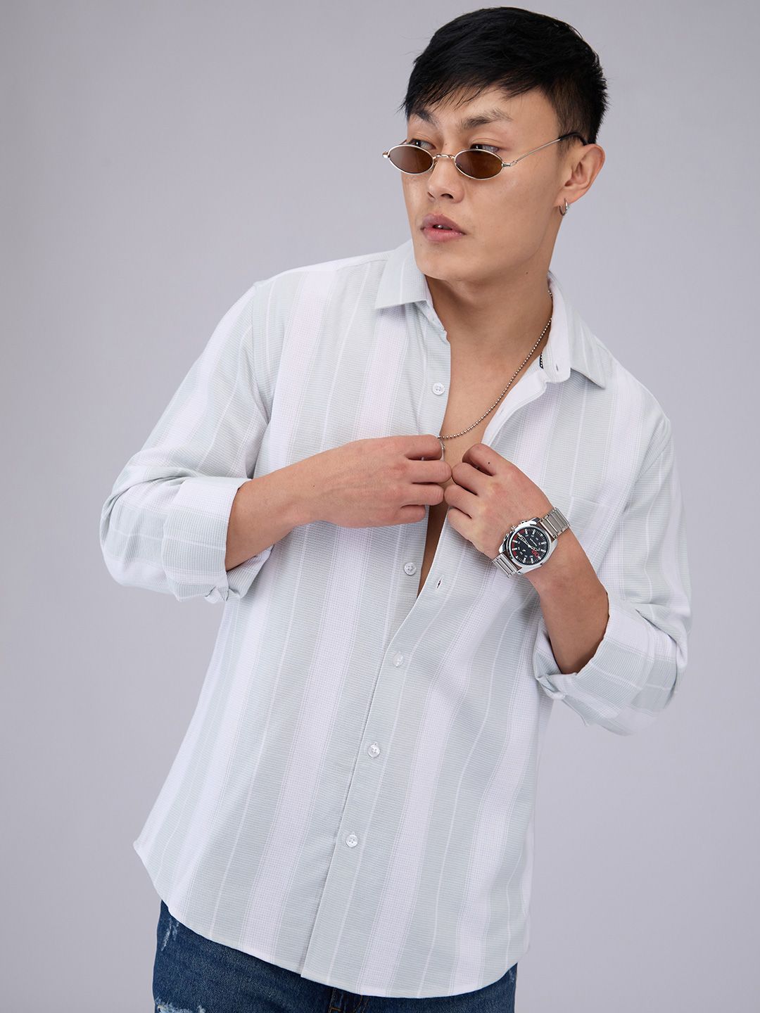 VASTRADO Men Classic Cutaway Collar Vertical Striped Cotton Slim Fit Casual Shirt