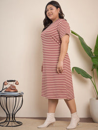 Curvy Street Brown Plus Size Striped Midi T-Shirt Dress