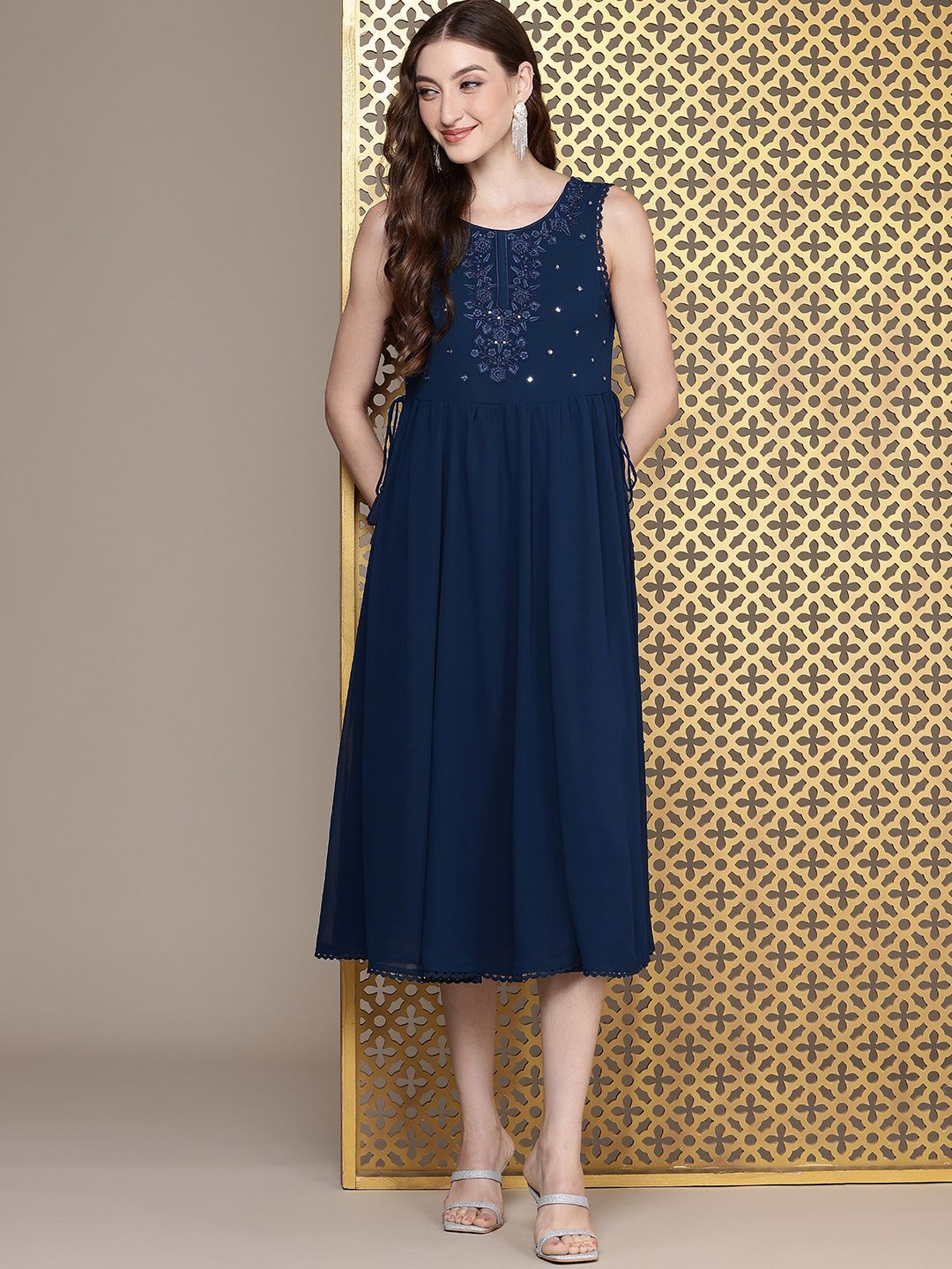 House of Pataudi Floral Embroidered A-Line Midi Jashn Dress