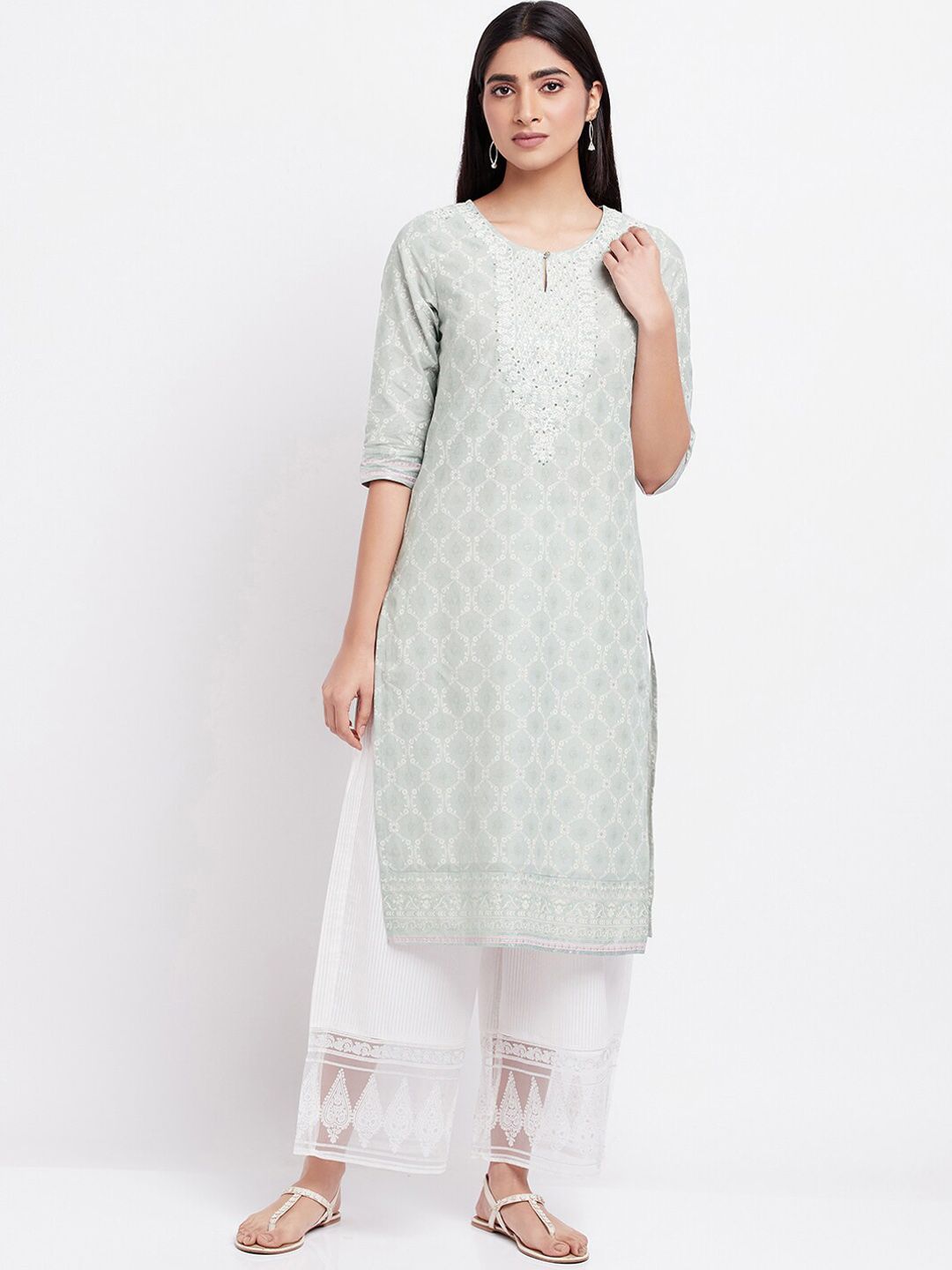 W Green & White Ethnic Printed Thread Work Sequined Pure Cotton Kurta with Palazzos