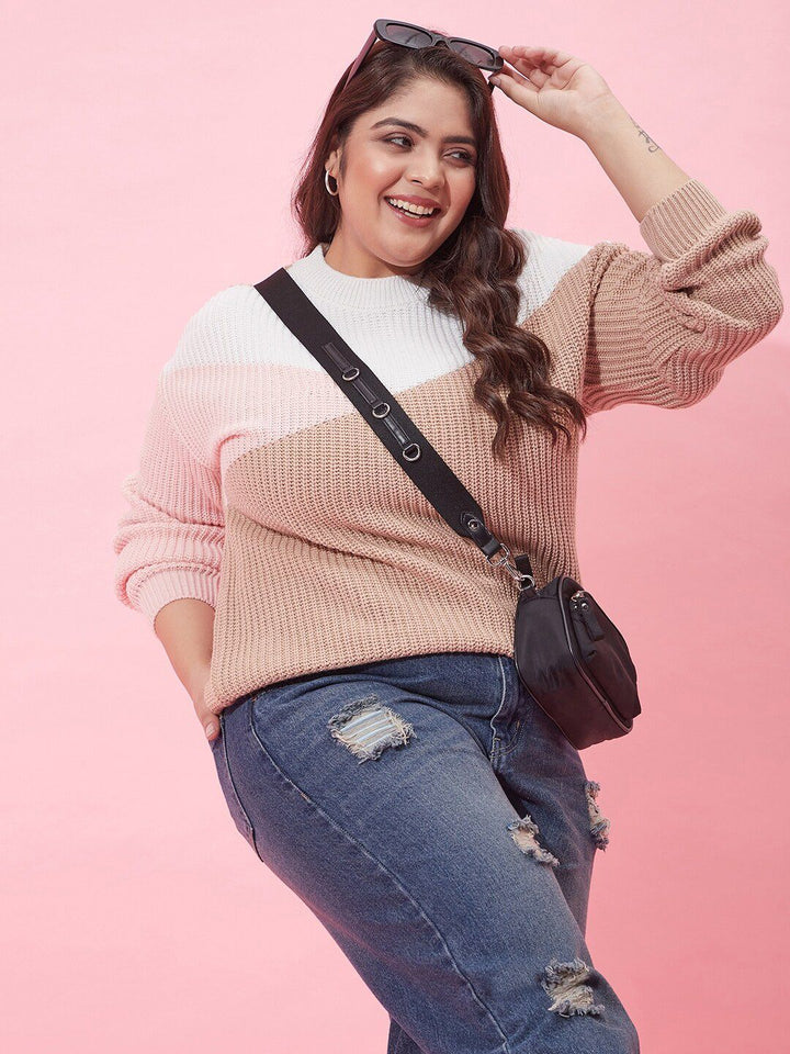 CURVY STREET Women Plus Size Colourblocked Acrylic Pullover Sweater