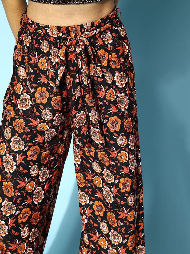 Berrylush Women Stylish Black Printed Top with Trousers