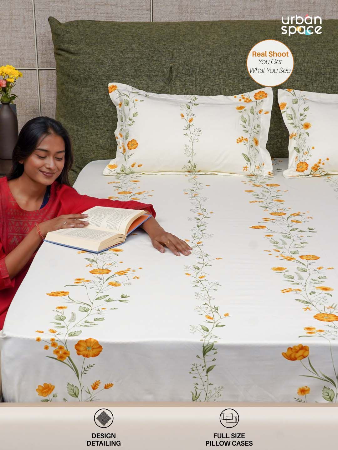 URBAN SPACE Serene Yellow Floral Printed Cotton 200 TC Queen Bedsheet with 2 Pillow Covers