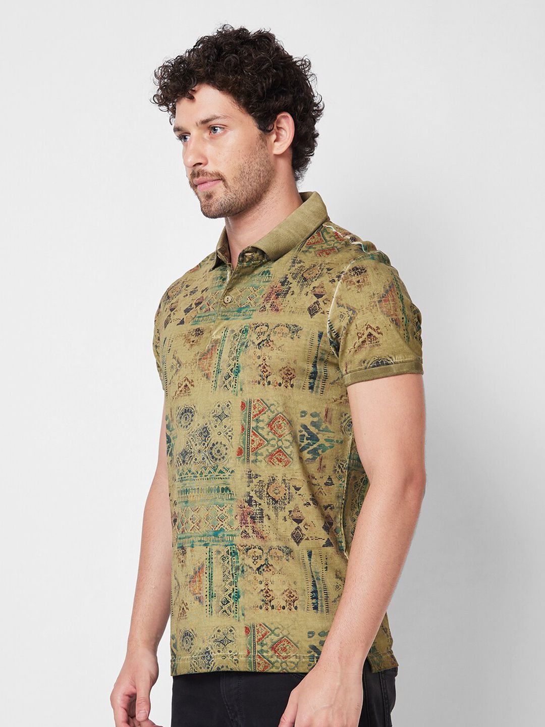 SPYKAR Abstract Printed Polo Collar Cotton Slim Fit T-shirt