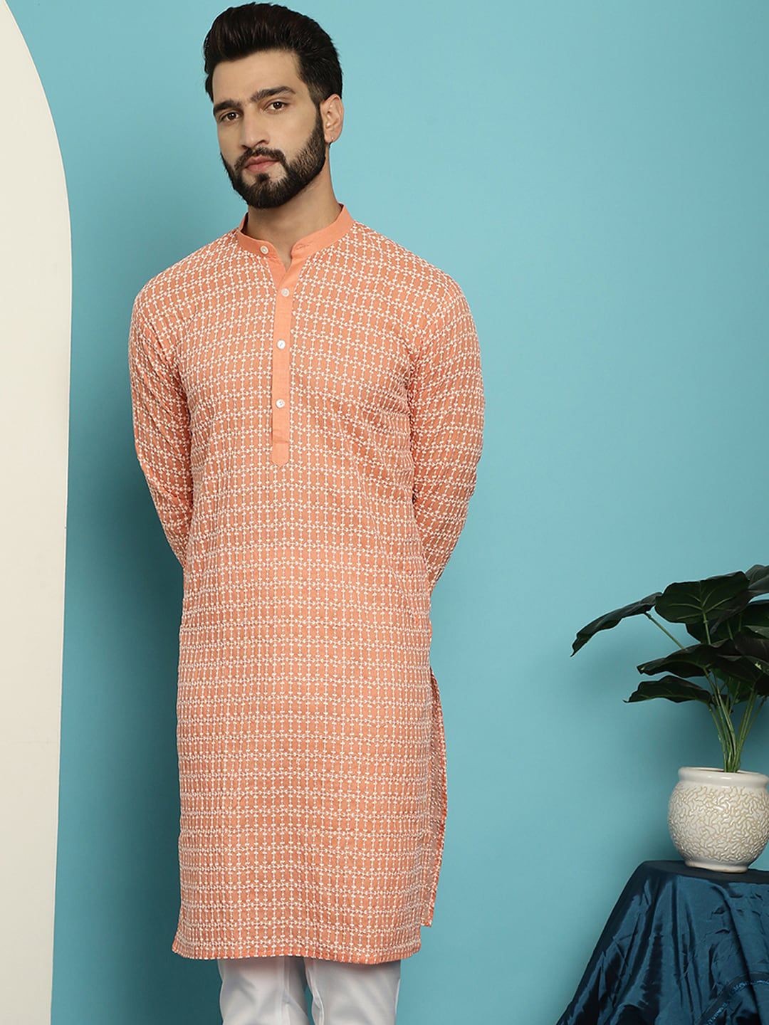 SOJANYA Kolar Mandarin Sulam Kurta Kapas Tulen