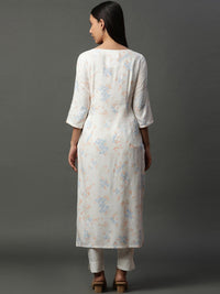 AURELIA Floral Printed Keyhole Neck Three Quarter Sleeves Thread Work Kurta