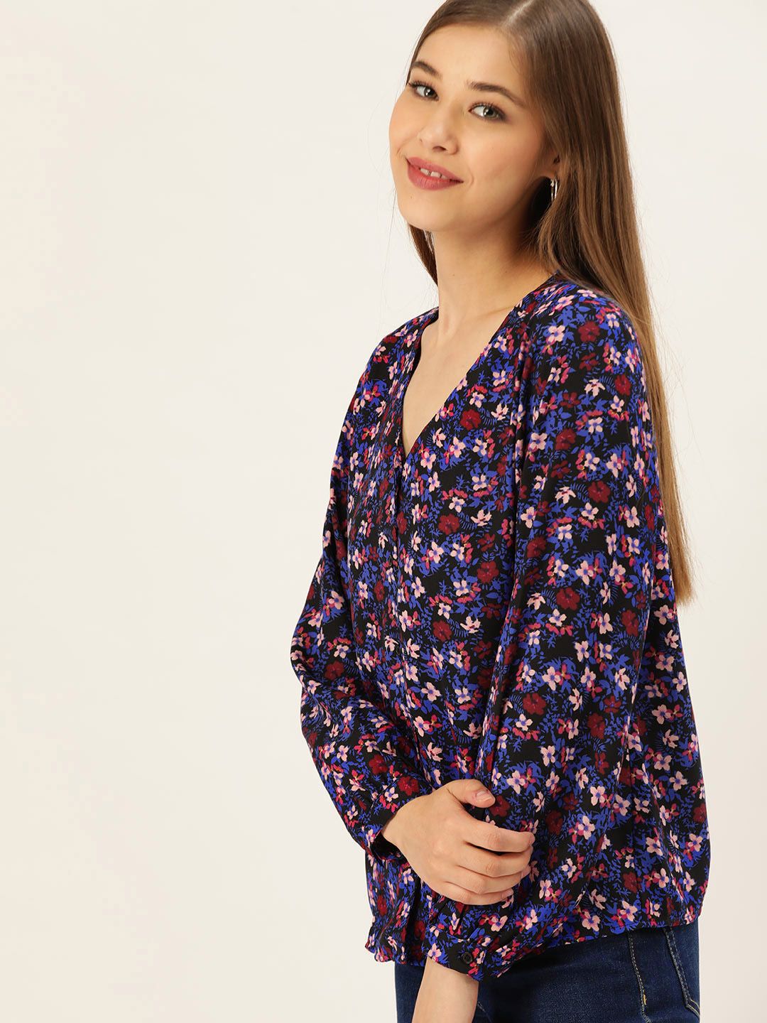 DressBerry Blue & Pink Floral V-Neck Top